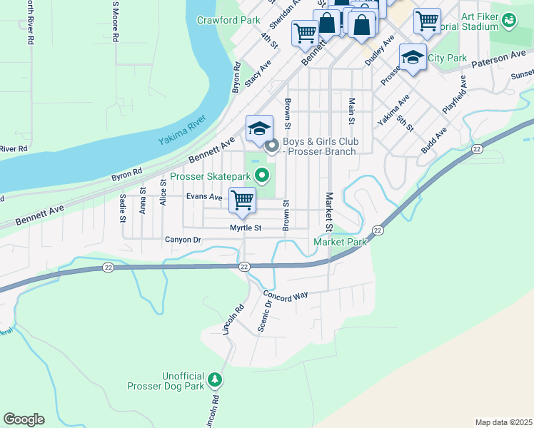 map of restaurants, bars, coffee shops, grocery stores, and more near Evans Avenue in Prosser
