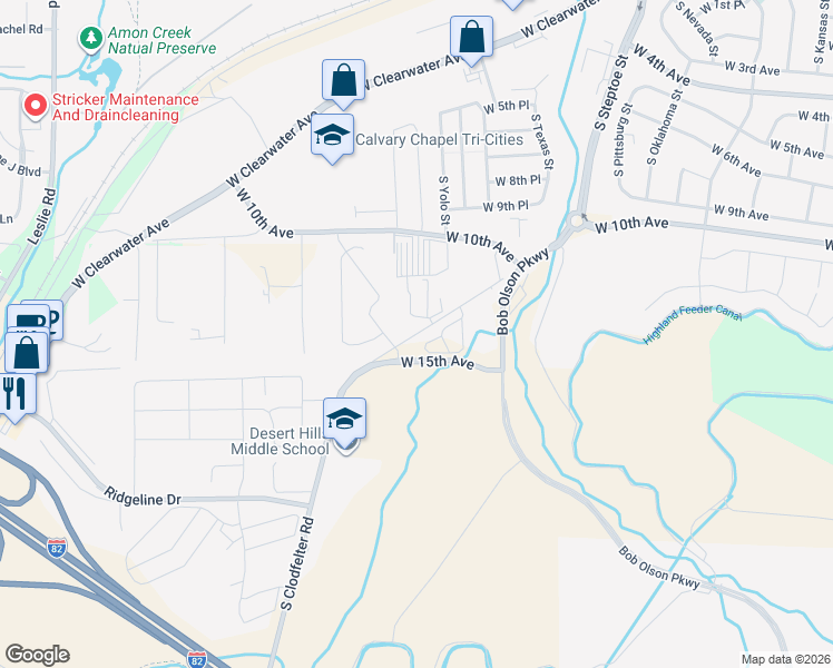 map of restaurants, bars, coffee shops, grocery stores, and more near 1494 South Clodfelter Road in Kennewick