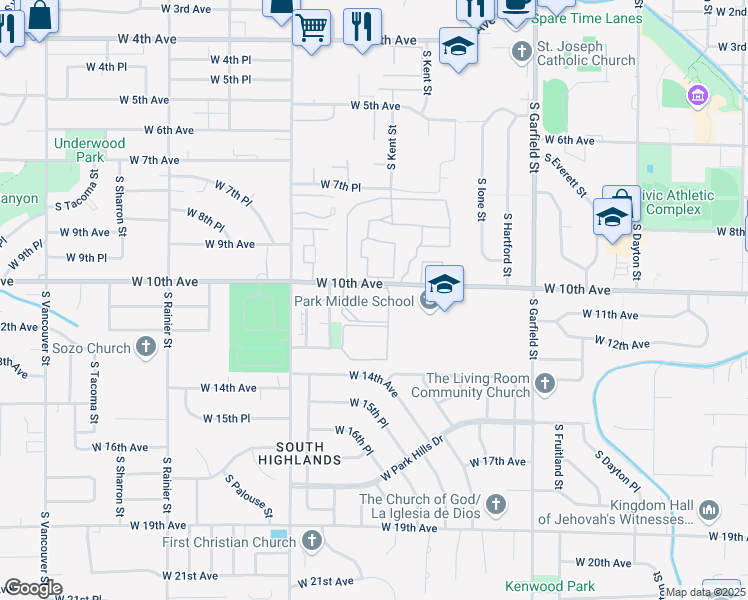 map of restaurants, bars, coffee shops, grocery stores, and more near 1105 West 10th Avenue in Kennewick