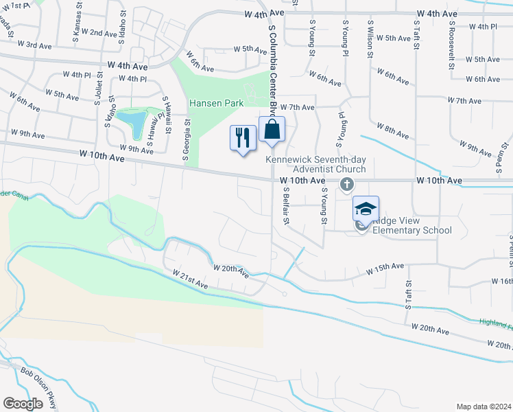 map of restaurants, bars, coffee shops, grocery stores, and more near 1072 South Delaware Street in Kennewick