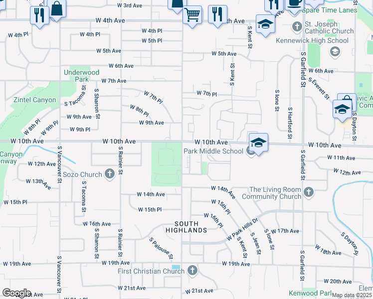 map of restaurants, bars, coffee shops, grocery stores, and more near 1014 South Olympia Place in Kennewick