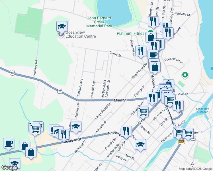 map of restaurants, bars, coffee shops, grocery stores, and more near 137 Alexander Street in Glace Bay