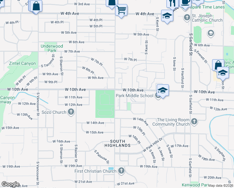 map of restaurants, bars, coffee shops, grocery stores, and more near 1020 South Olympia Place in Kennewick