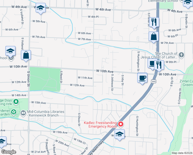 map of restaurants, bars, coffee shops, grocery stores, and more near 3569 West 10th Court in Kennewick
