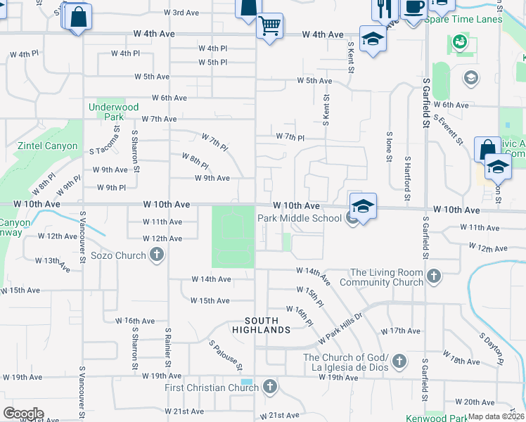 map of restaurants, bars, coffee shops, grocery stores, and more near 1014 South Olympia Place in Kennewick