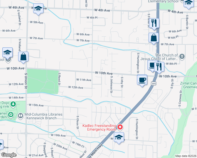 map of restaurants, bars, coffee shops, grocery stores, and more near 3569 West 10th Court in Kennewick