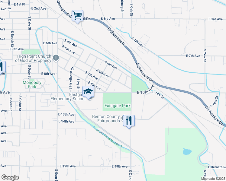 map of restaurants, bars, coffee shops, grocery stores, and more near 941 South Larch Street in Kennewick