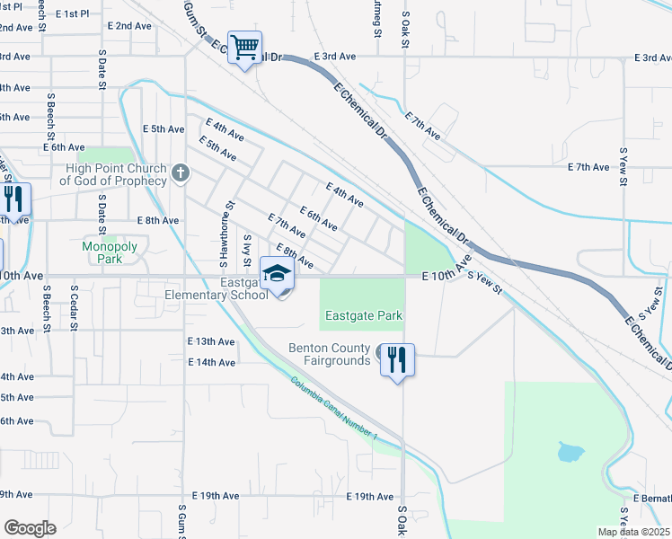 map of restaurants, bars, coffee shops, grocery stores, and more near 941 South Larch Street in Kennewick