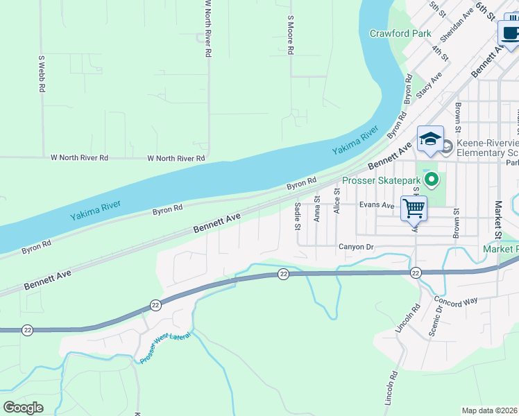 map of restaurants, bars, coffee shops, grocery stores, and more near Bennett Avenue in Prosser