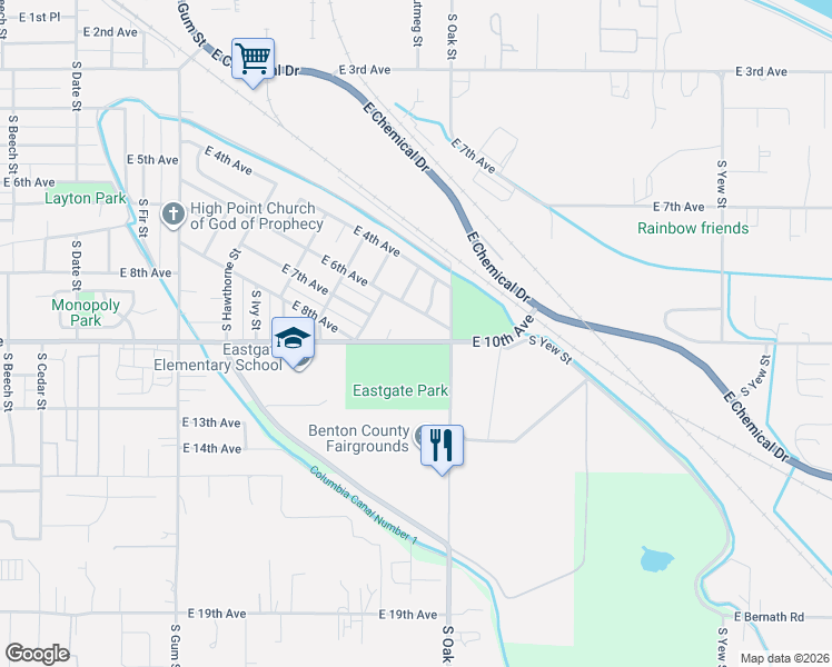 map of restaurants, bars, coffee shops, grocery stores, and more near 1317 East 10th Avenue in Kennewick