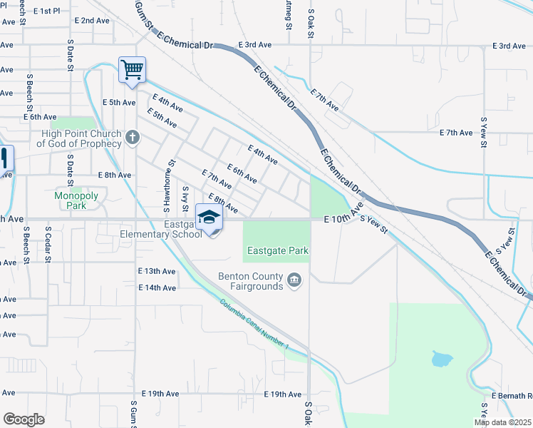 map of restaurants, bars, coffee shops, grocery stores, and more near 941 South Larch Street in Kennewick