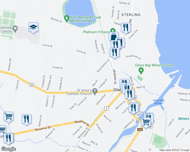 map of restaurants, bars, coffee shops, grocery stores, and more near 247 King Edward Street in Glace Bay
