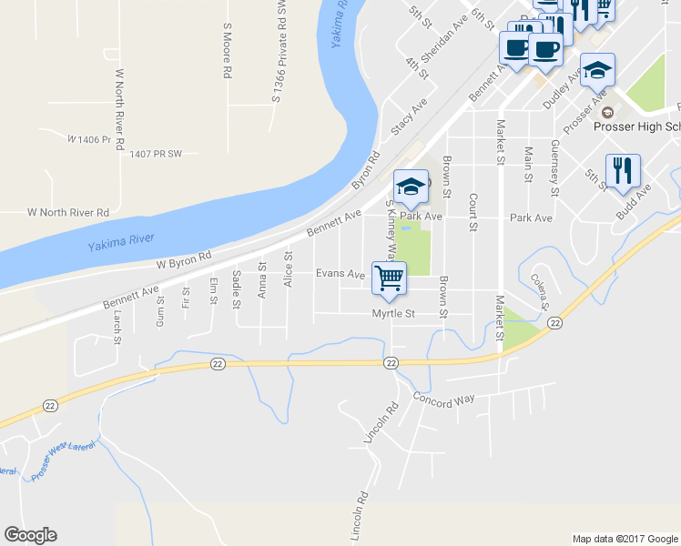 map of restaurants, bars, coffee shops, grocery stores, and more near Evans Ave in Prosser