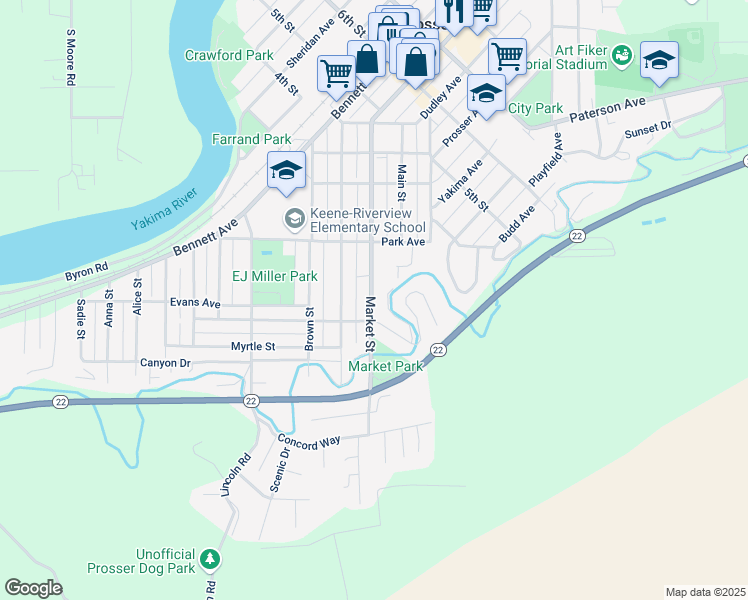 map of restaurants, bars, coffee shops, grocery stores, and more near 1104 Colena Street in Prosser