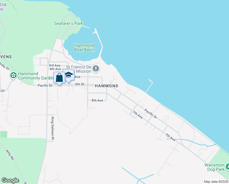 map of restaurants, bars, coffee shops, grocery stores, and more near 740 Pacific Drive in Warrenton