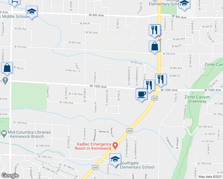 map of restaurants, bars, coffee shops, grocery stores, and more near 3319 West 10th Avenue in Kennewick