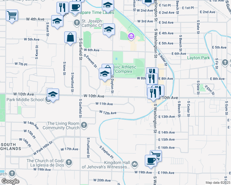 map of restaurants, bars, coffee shops, grocery stores, and more near 300-398 W 10th Ave in Kennewick