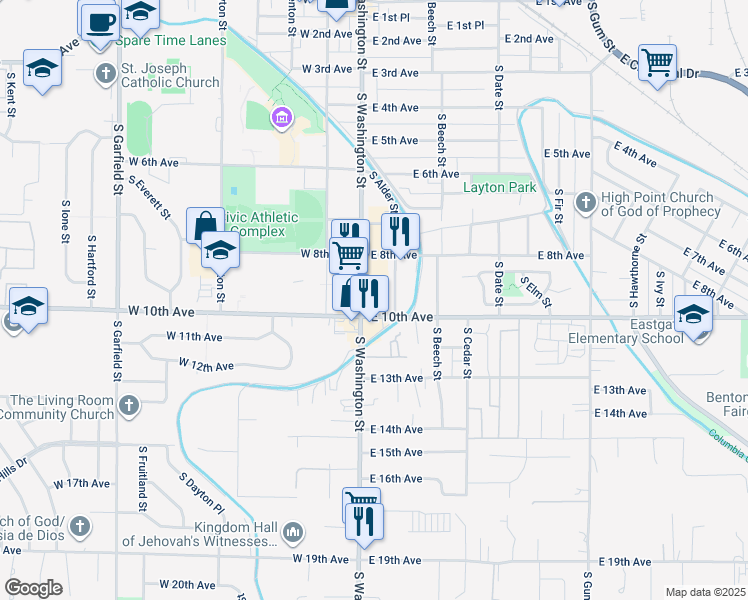 map of restaurants, bars, coffee shops, grocery stores, and more near 911 South Washington Street in Kennewick