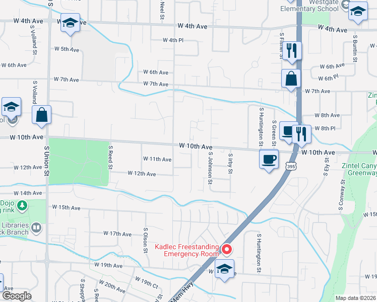 map of restaurants, bars, coffee shops, grocery stores, and more near 3569 West 10th Court in Kennewick