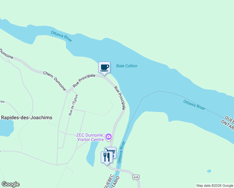 map of restaurants, bars, coffee shops, grocery stores, and more near 1 Rue Principale in Outaouais