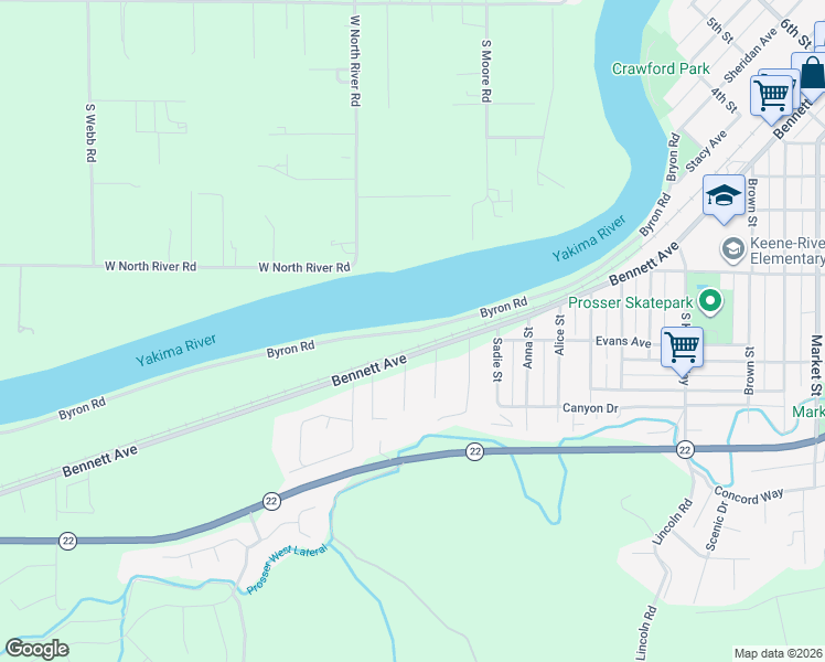 map of restaurants, bars, coffee shops, grocery stores, and more near Bennett Avenue in Prosser