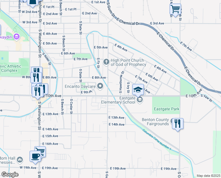 map of restaurants, bars, coffee shops, grocery stores, and more near 925 South Gum Street in Kennewick