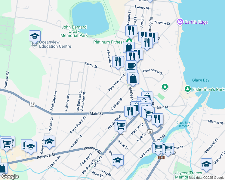 map of restaurants, bars, coffee shops, grocery stores, and more near 233 King Edward Street in Glace Bay