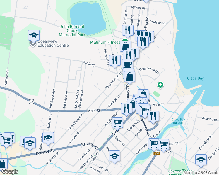 map of restaurants, bars, coffee shops, grocery stores, and more near 233 King Edward Street in Glace Bay