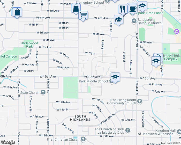 map of restaurants, bars, coffee shops, grocery stores, and more near 1212 West 10th Avenue in Kennewick