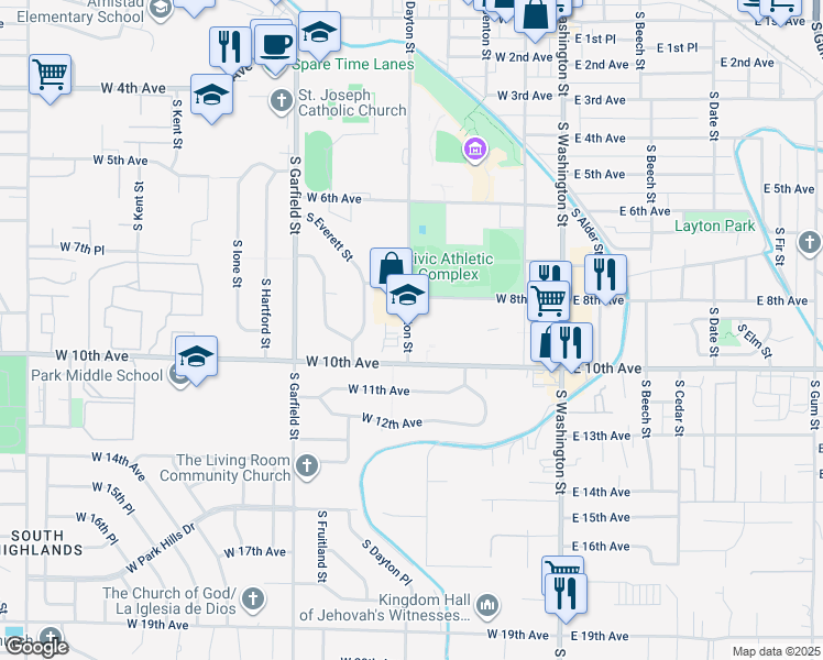 map of restaurants, bars, coffee shops, grocery stores, and more near 398 W 10th Ave in Kennewick