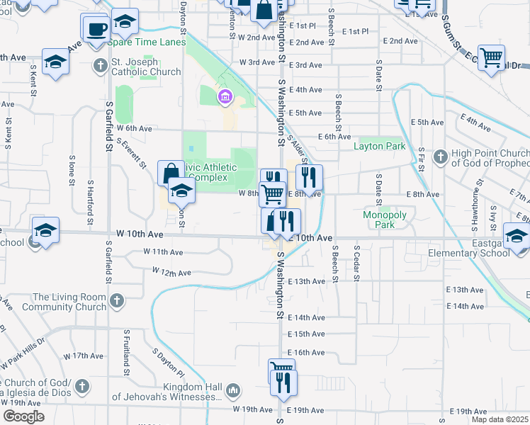 map of restaurants, bars, coffee shops, grocery stores, and more near 1-99 W 8th Ave in Kennewick