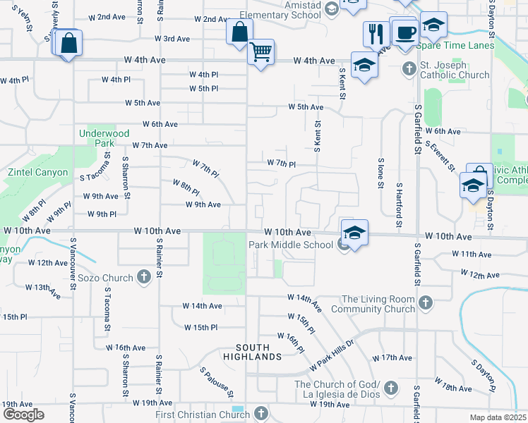 map of restaurants, bars, coffee shops, grocery stores, and more near 6 South Olympia Street in Kennewick
