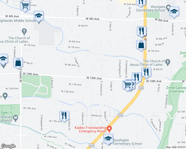 map of restaurants, bars, coffee shops, grocery stores, and more near 935 South Keller Street in Kennewick