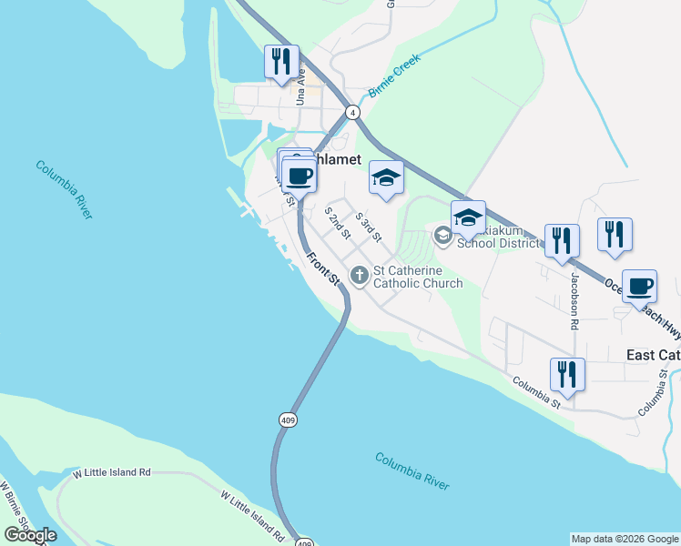 map of restaurants, bars, coffee shops, grocery stores, and more near 275 Columbia Street in Cathlamet