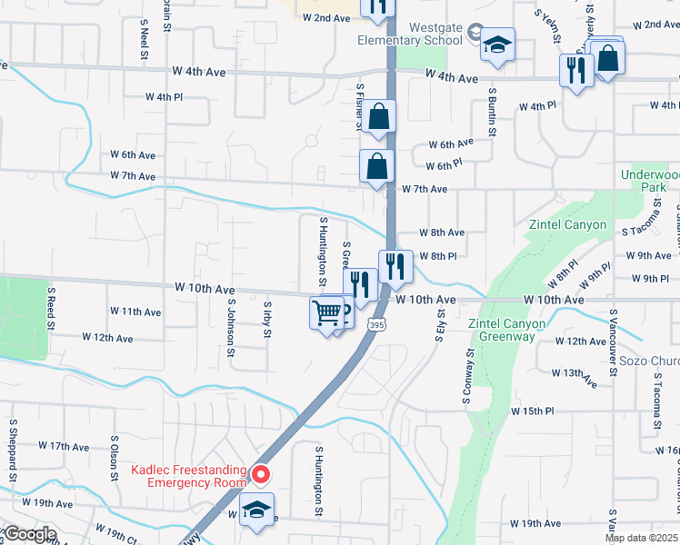 map of restaurants, bars, coffee shops, grocery stores, and more near 824 South Green Street in Kennewick