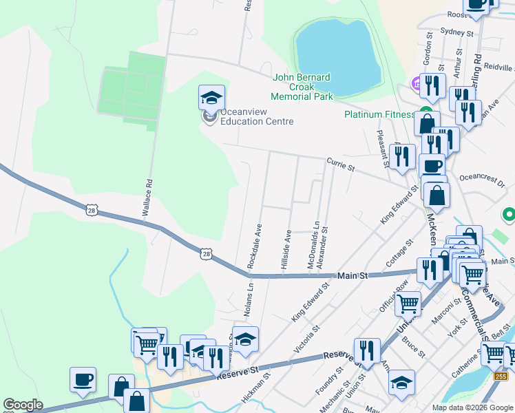 map of restaurants, bars, coffee shops, grocery stores, and more near 28 Rockdale Avenue in Glace Bay