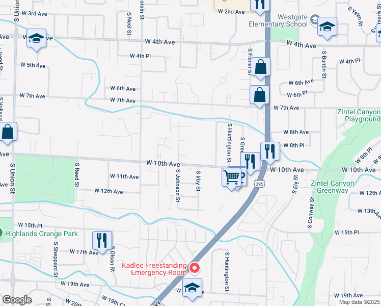 map of restaurants, bars, coffee shops, grocery stores, and more near 941 South Johnson Street in Kennewick