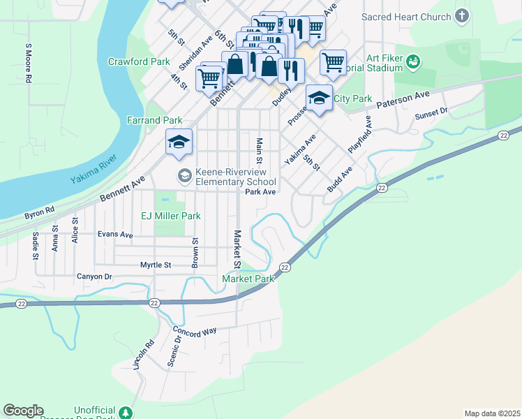 map of restaurants, bars, coffee shops, grocery stores, and more near 1013 Park Avenue in Prosser
