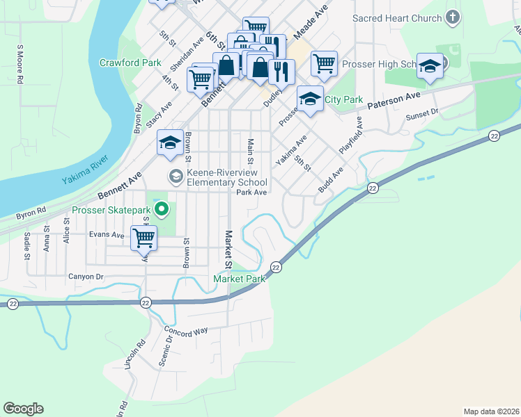 map of restaurants, bars, coffee shops, grocery stores, and more near 1039 Park Avenue in Prosser