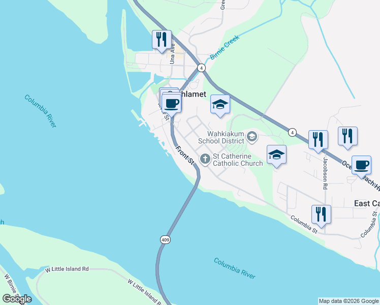 map of restaurants, bars, coffee shops, grocery stores, and more near 275 Columbia Street in Cathlamet