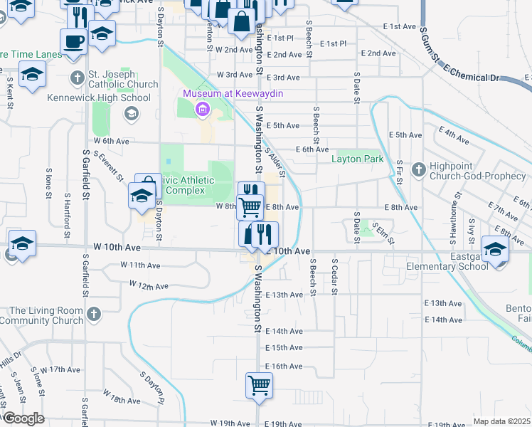 map of restaurants, bars, coffee shops, grocery stores, and more near 2-98 East 8th Avenue in Kennewick