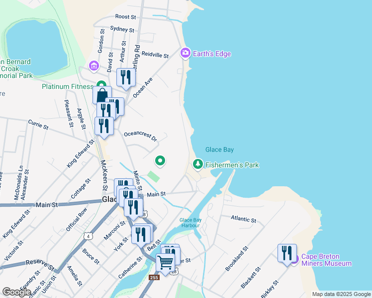 map of restaurants, bars, coffee shops, grocery stores, and more near 233 North Street in Glace Bay