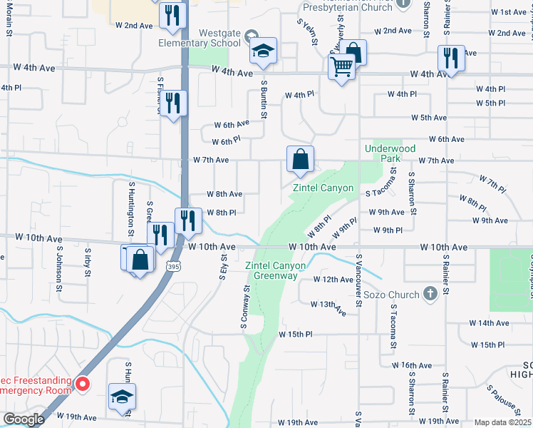 map of restaurants, bars, coffee shops, grocery stores, and more near 901 South Buntin Street in Kennewick