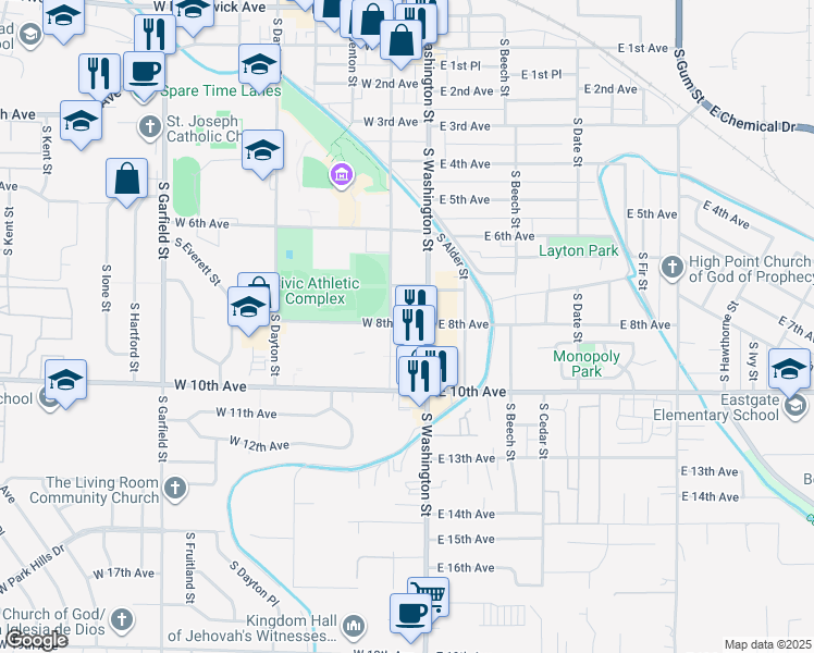 map of restaurants, bars, coffee shops, grocery stores, and more near West 8th Place in Kennewick