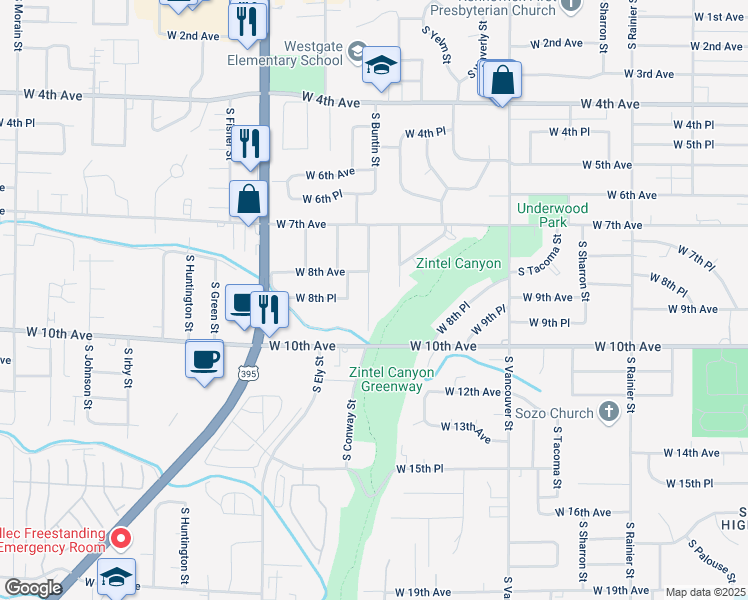 map of restaurants, bars, coffee shops, grocery stores, and more near 901 South Buntin Street in Kennewick