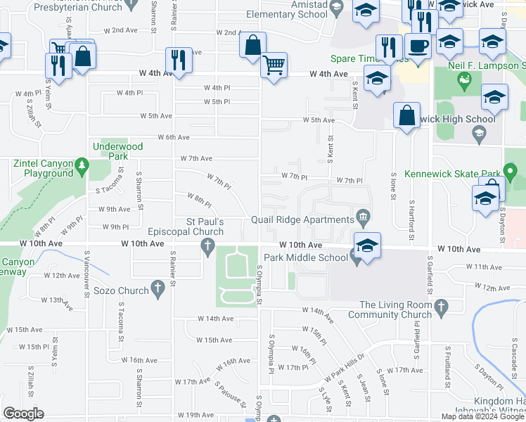 map of restaurants, bars, coffee shops, grocery stores, and more near 6 South Olympia Street in Kennewick