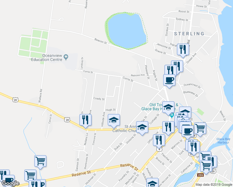 map of restaurants, bars, coffee shops, grocery stores, and more near 11 Willowdale Drive in Glace Bay