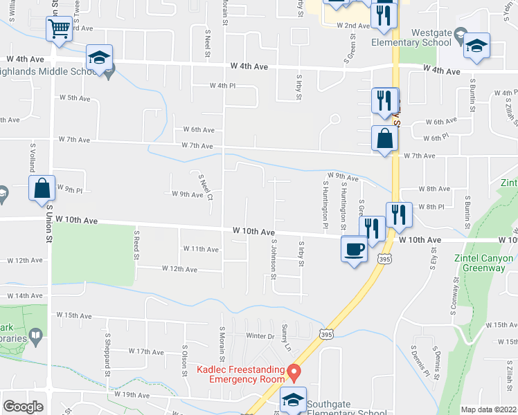 map of restaurants, bars, coffee shops, grocery stores, and more near 935 South Keller Street in Kennewick