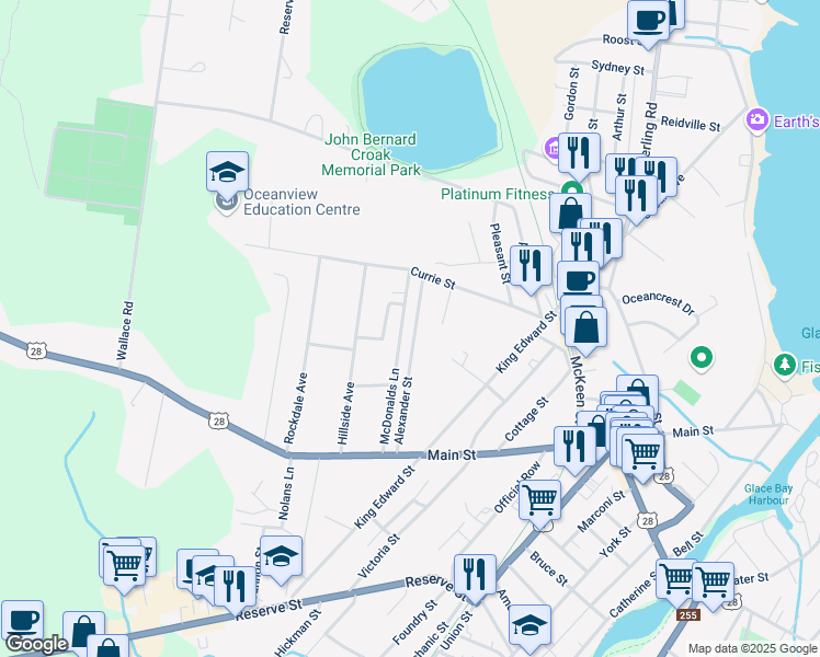 map of restaurants, bars, coffee shops, grocery stores, and more near 11 Willowdale Drive in Glace Bay