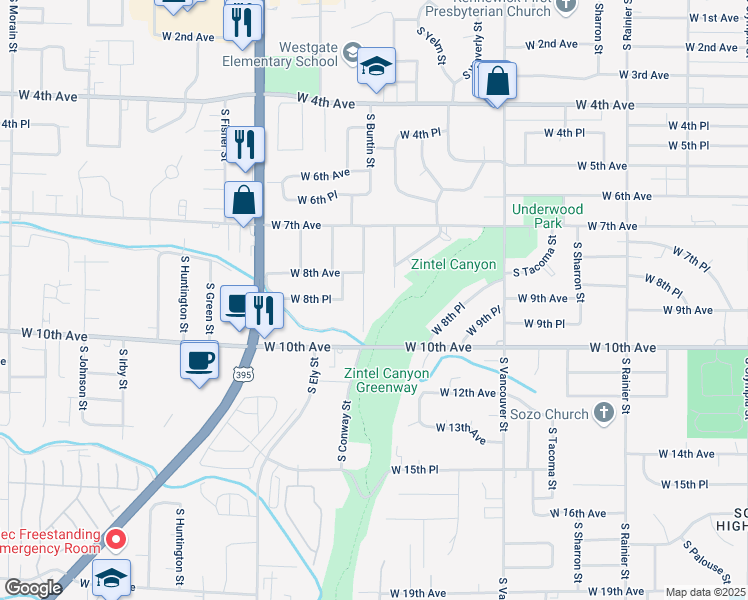 map of restaurants, bars, coffee shops, grocery stores, and more near 901 South Buntin Street in Kennewick